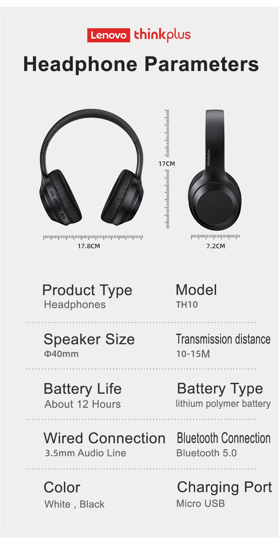 Lenovo thinkplus TH10 Stereo Headphone Bluetooth Earphones Music Headset with Mic for Mobile XiaoMi iPhone Sumsamg Android IOS