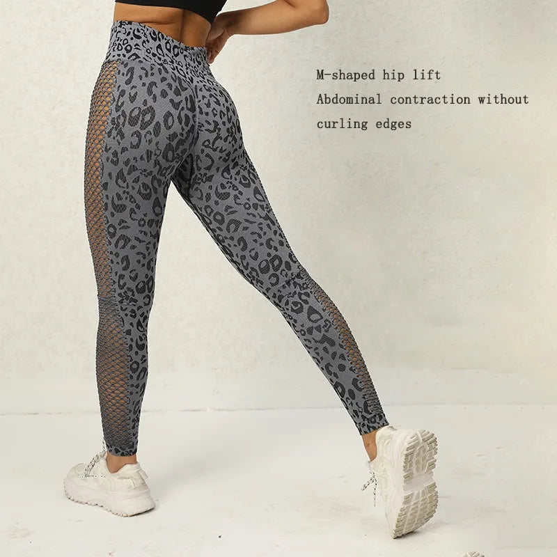 Women Mesh Leopard Leggings Seamless Hollow Out Leggings Fitness Sexy High Waist Hip Liftting Tights Gym Trainning Yoga Pants