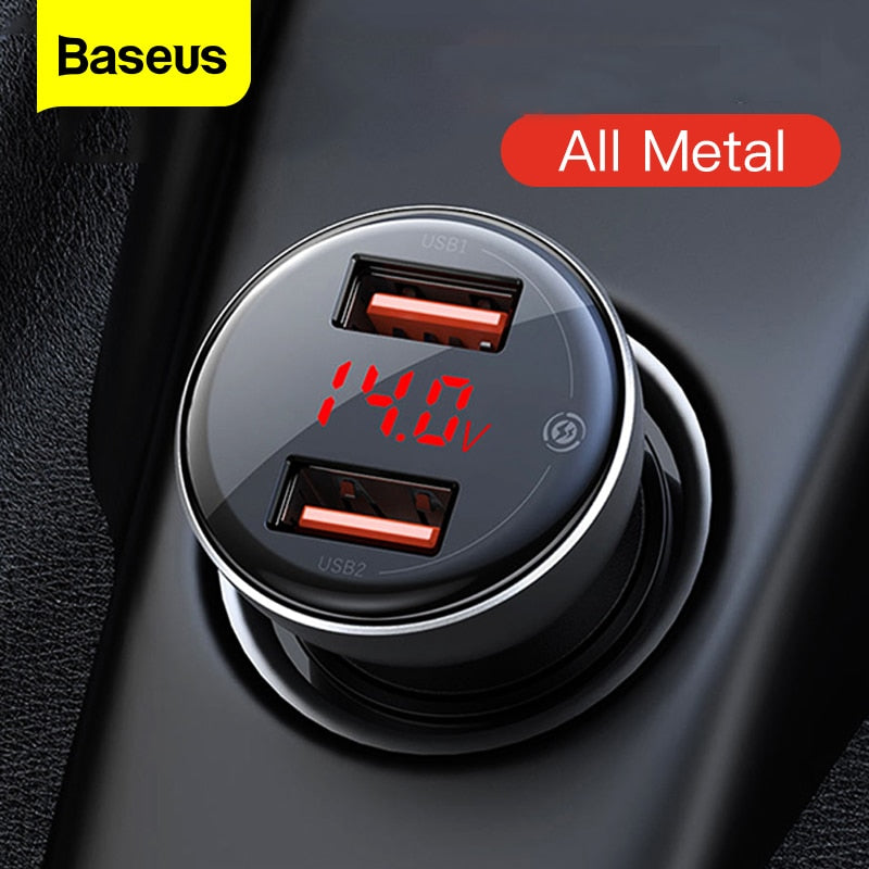 Baseus 24W Metal Dual USB Car Charger Digital Display Fast Car Charging Charger For iPhone Xiaomi Samsung Android Mobile Phone