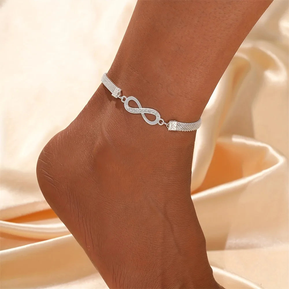 Charm Shiny Infinity 8-character Anklet for Women Silver Color Rhinestone Vintage Metal Ankle Bracelet Sparkly Foot Jewelry