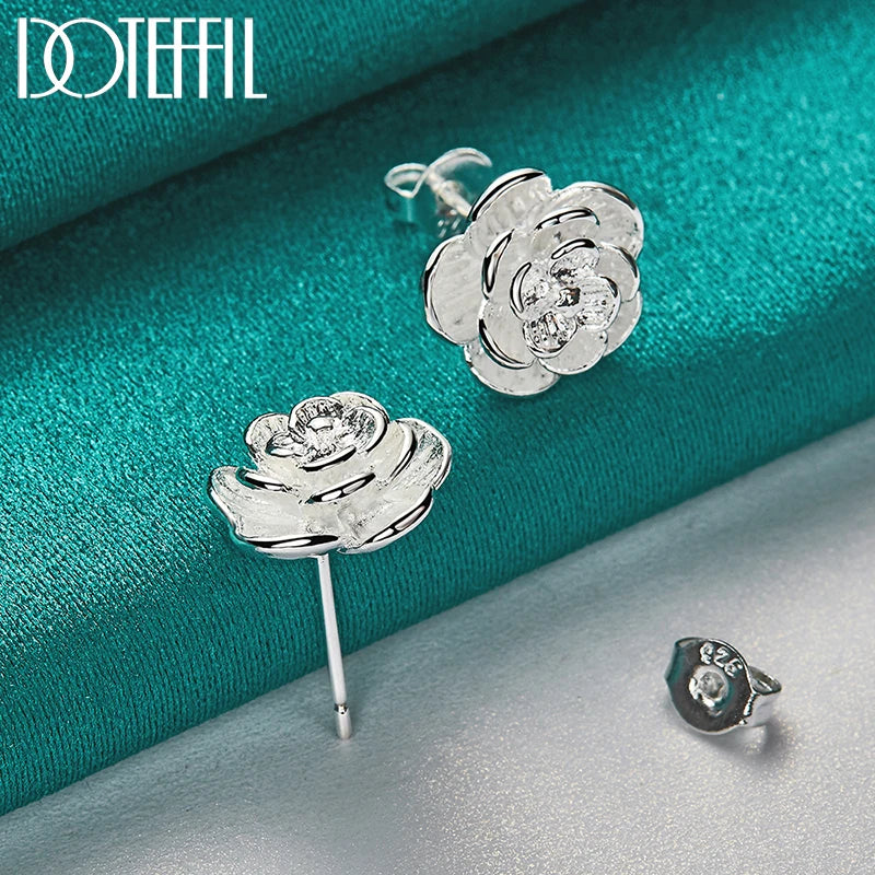 DOTEFFIL 925 Sterling Silver Rose Flowers Stud Earring For Woman Fashion Wedding Engagement Jewelry
