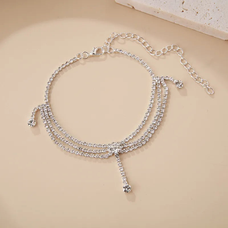 Tassels Style Inlaid Cubic Zirconia Chain Anklet for Women Fashion Silver Color Ankle Beach Feet Chain Bracelet Foot Jewelry