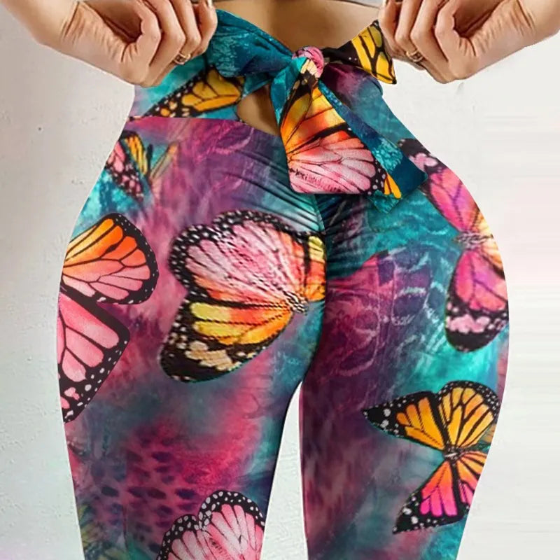 High Waist Sexy Bowknot Leggings Butterfly Printed Yoga Pants Bow Bandage Tights for Women Push Up Exercise Fitness Yoga Legging